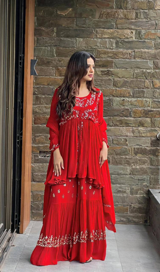 Red Georgette Modern Sharara Set For Wedding