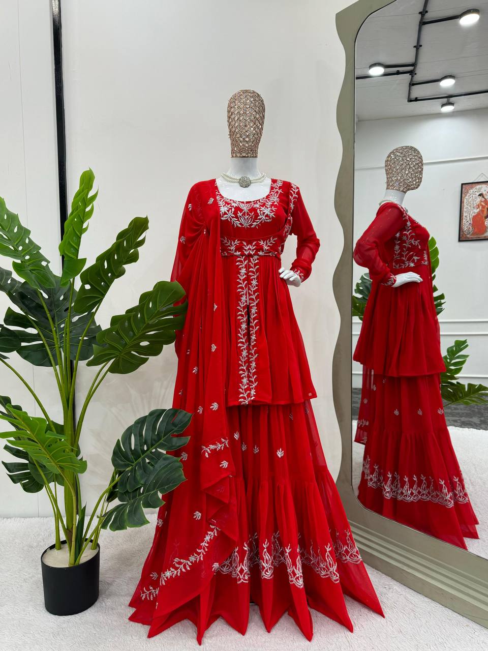 Red Georgette Modern Sharara Set For Wedding