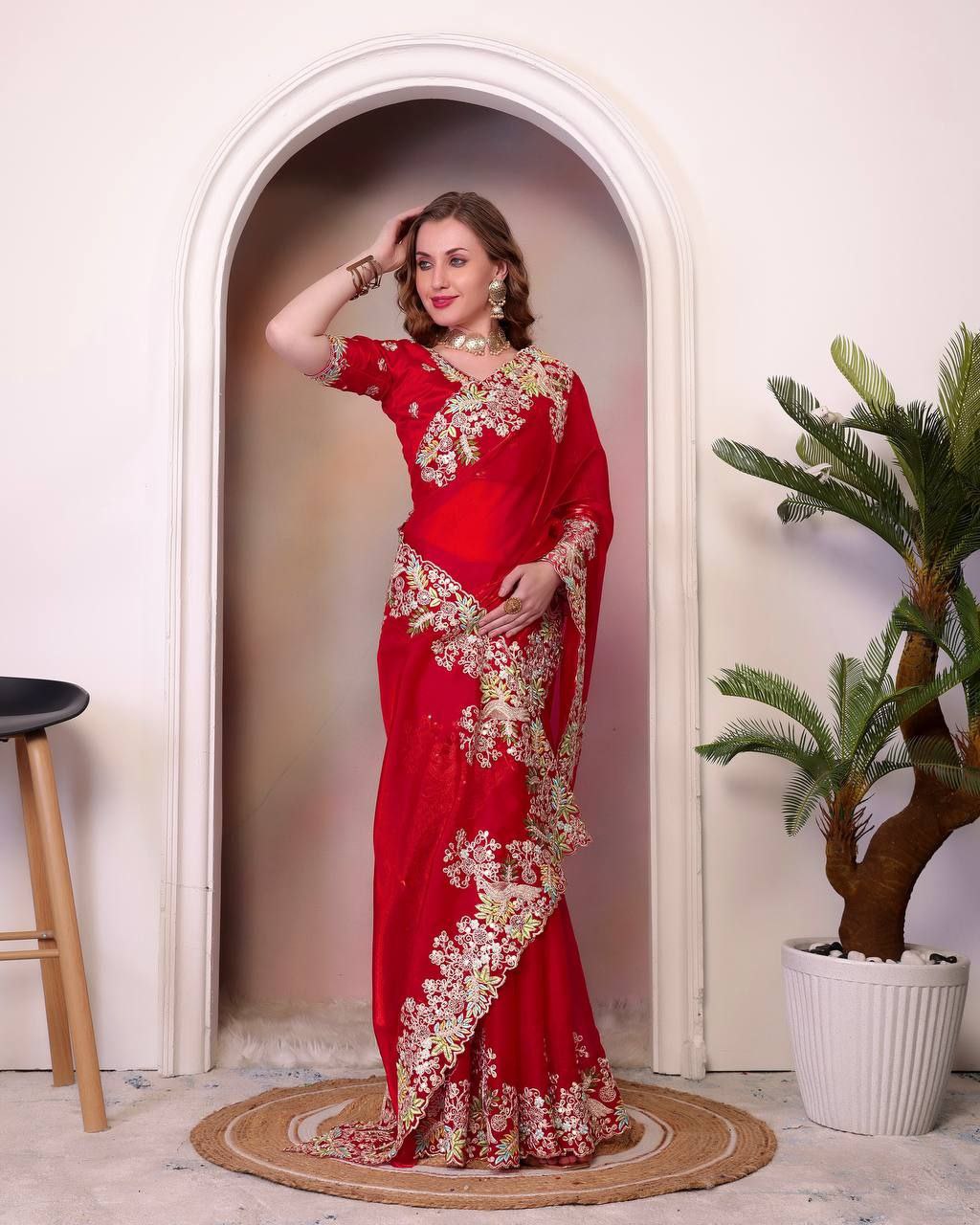 Red Jimmy Choo Silk Saree For Wedding