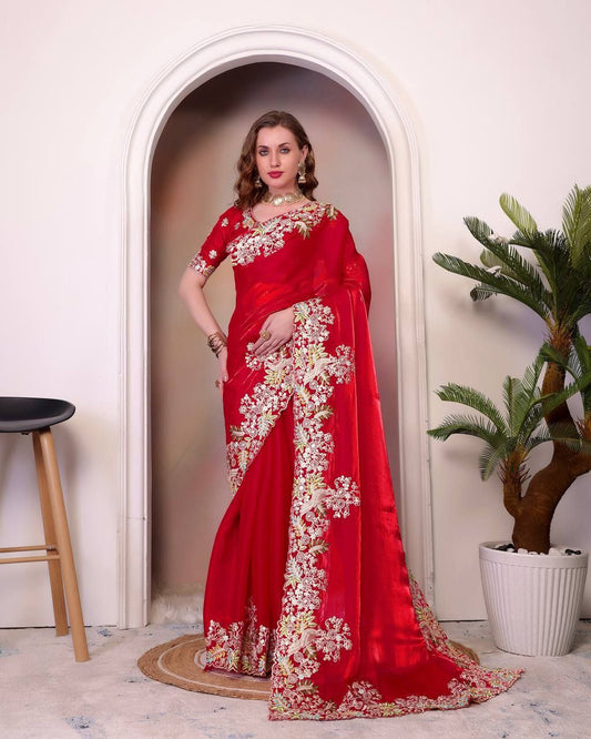 Red Jimmy Choo Silk Saree For Wedding