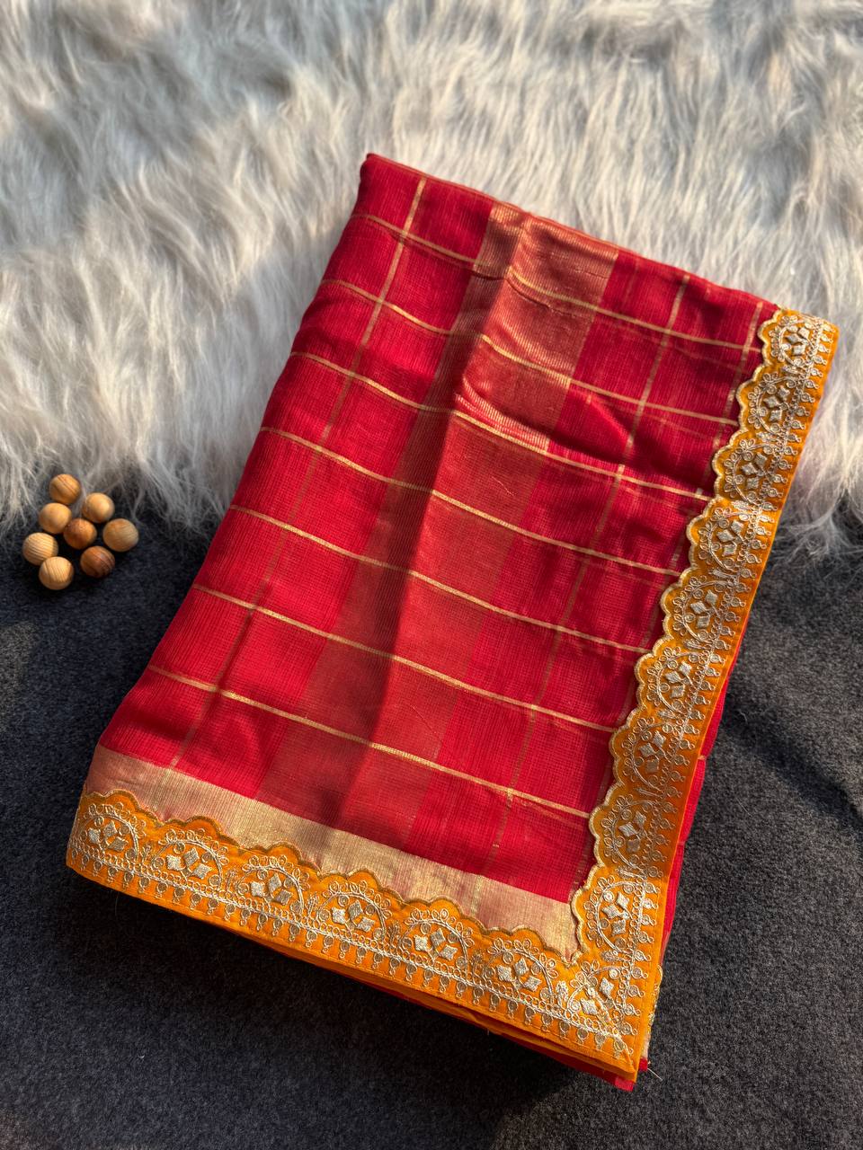 Red Kota Doriya Zari Chex Saree