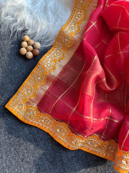 Red Kota Doriya Zari Chex Saree