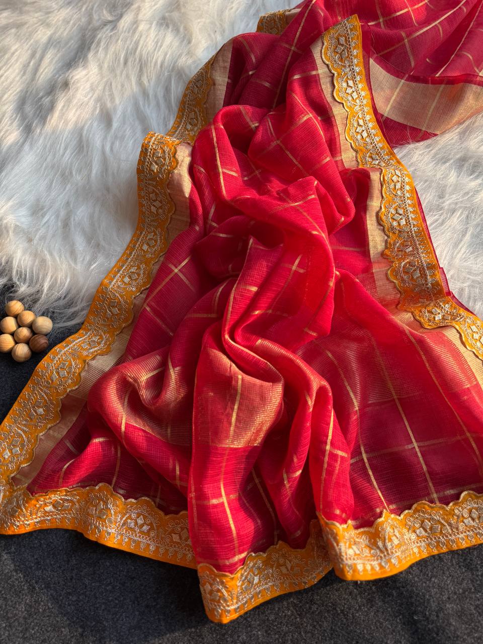 Red Kota Doriya Zari Chex Saree