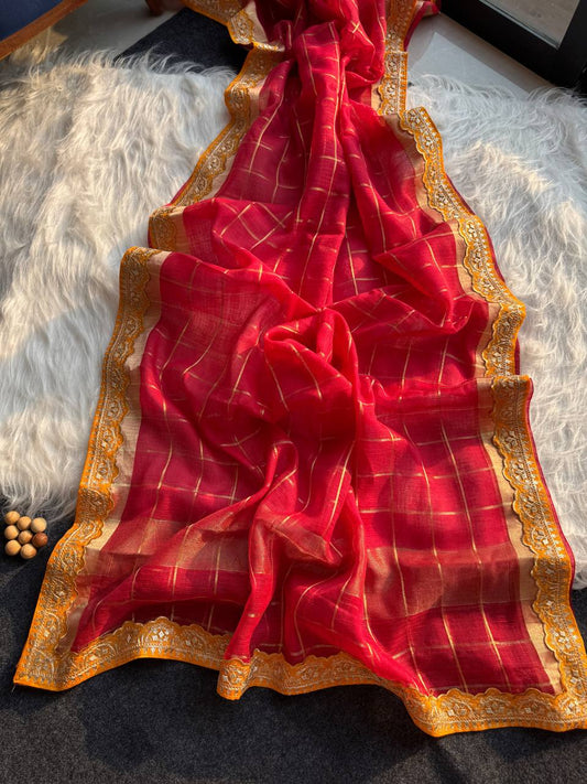 Red Kota Doriya Zari Chex Saree