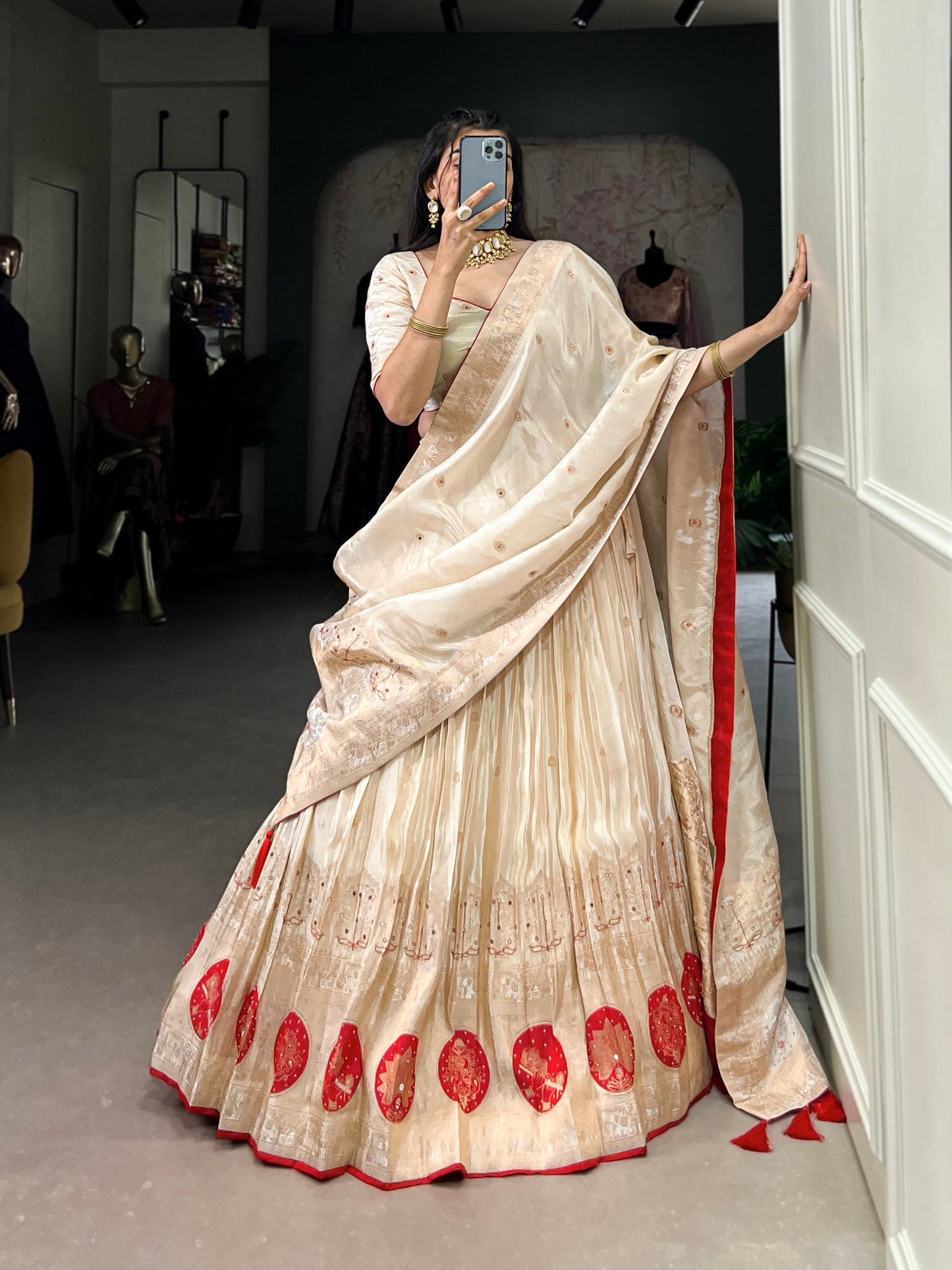 Red & Off White Shimmer Lehenga For Wedding