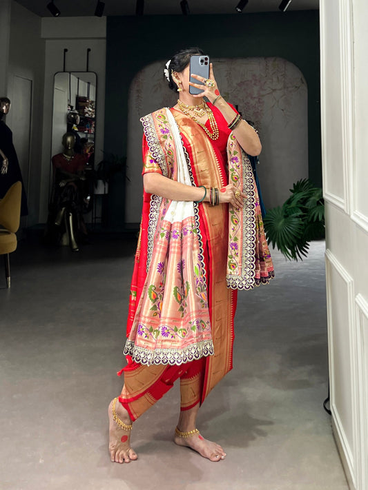 Red Paithani Jacquard Silk Saree With White Dupatta