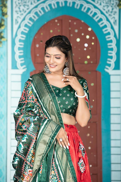 Red Paithani & Patola Printed Dola Silk Lehenga