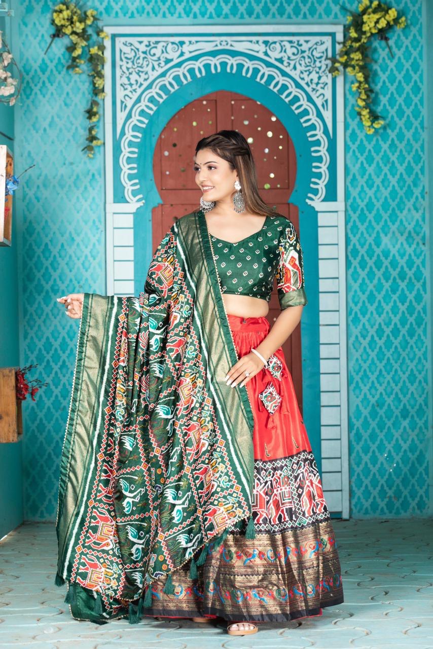 Red Paithani & Patola Printed Dola Silk Lehenga