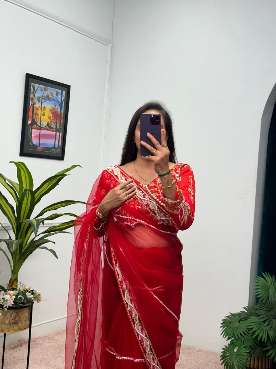 Red Party Wear Butterfly Net Saree