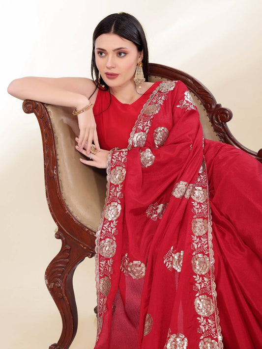 Red Party Wear Chinon Silk Saree