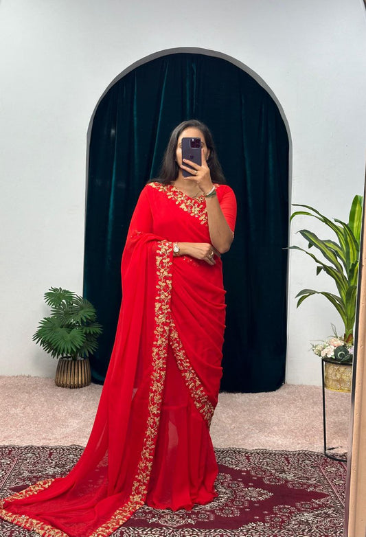 Red Party Wear Georgette Gown Saree