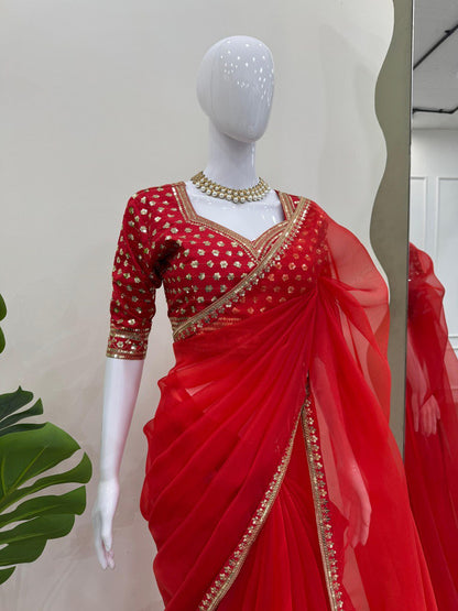 Red Party Wear Organza Silk Saree
