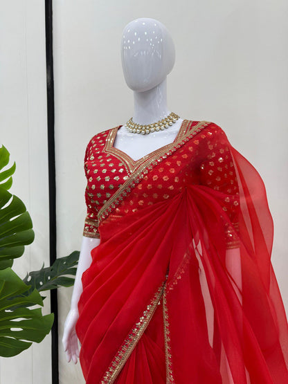 Red Party Wear Organza Silk Saree