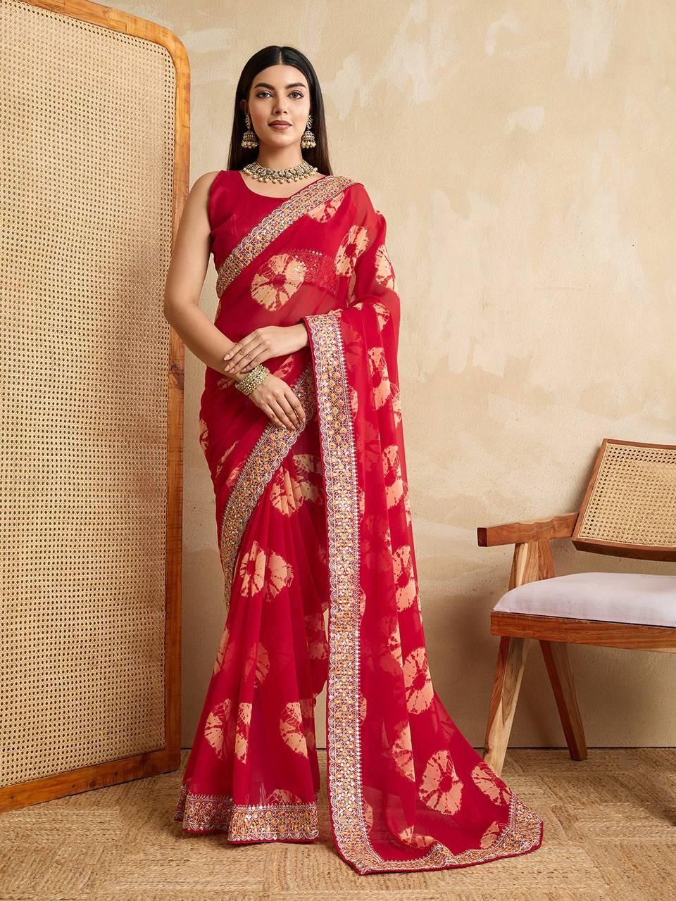 Red Party Wear Soft Georgette Bandhej Saree