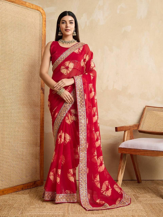 Red Party Wear Soft Georgette Bandhej Saree