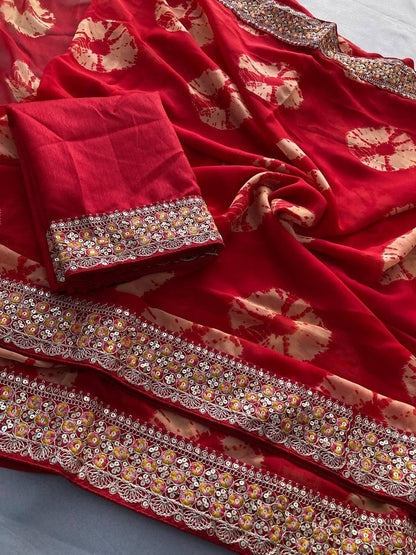 Red Party Wear Soft Georgette Bandhej Saree