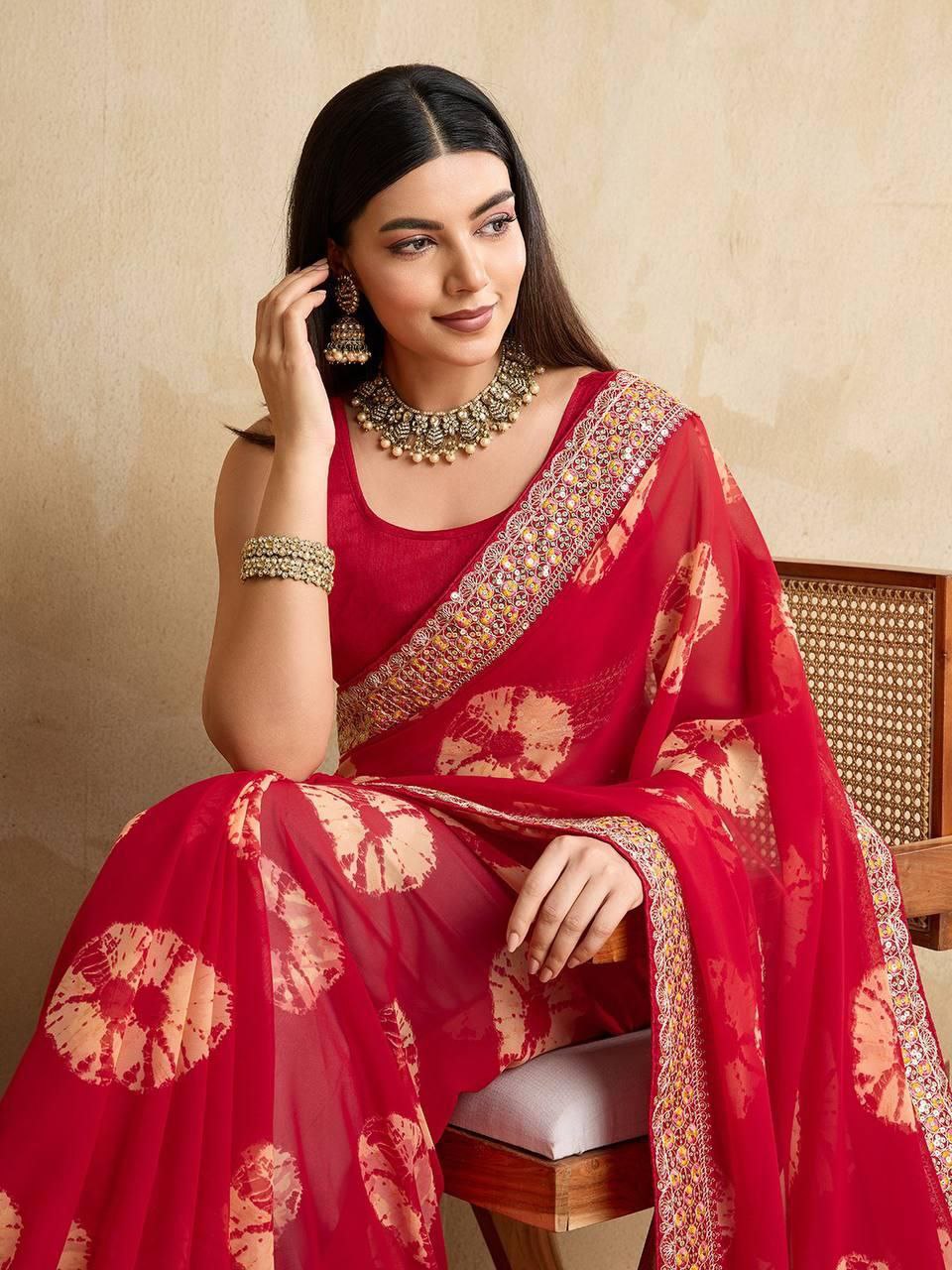 Red Party Wear Soft Georgette Bandhej Saree