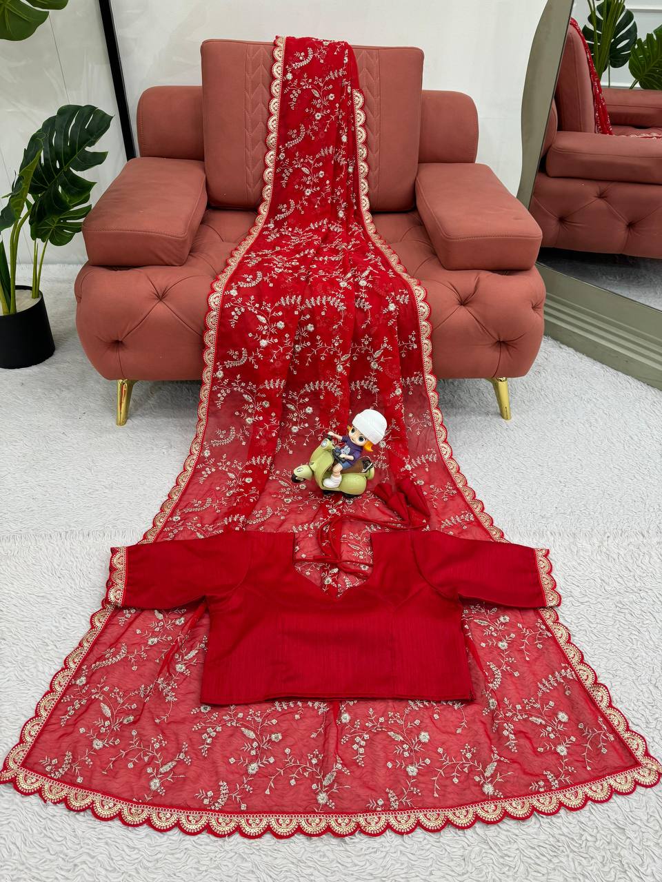 Red Party Wear Tabby Silk Saree