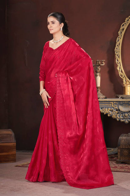 Cherry Red Party Wear Zimmy Choo Silk Saree