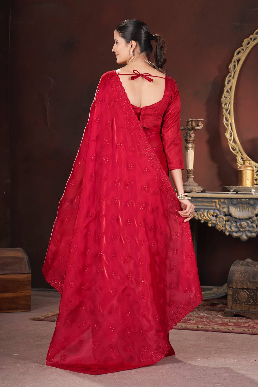 Cherry Red Party Wear Zimmy Choo Silk Saree