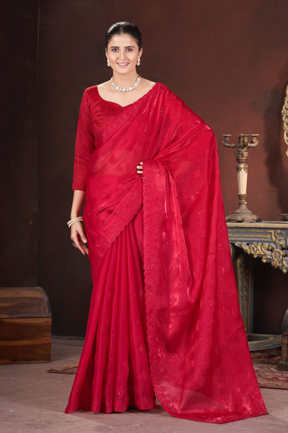 Cherry Red Party Wear Zimmy Choo Silk Saree
