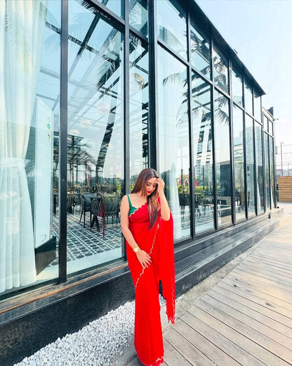 Red Plain Georgette Saree