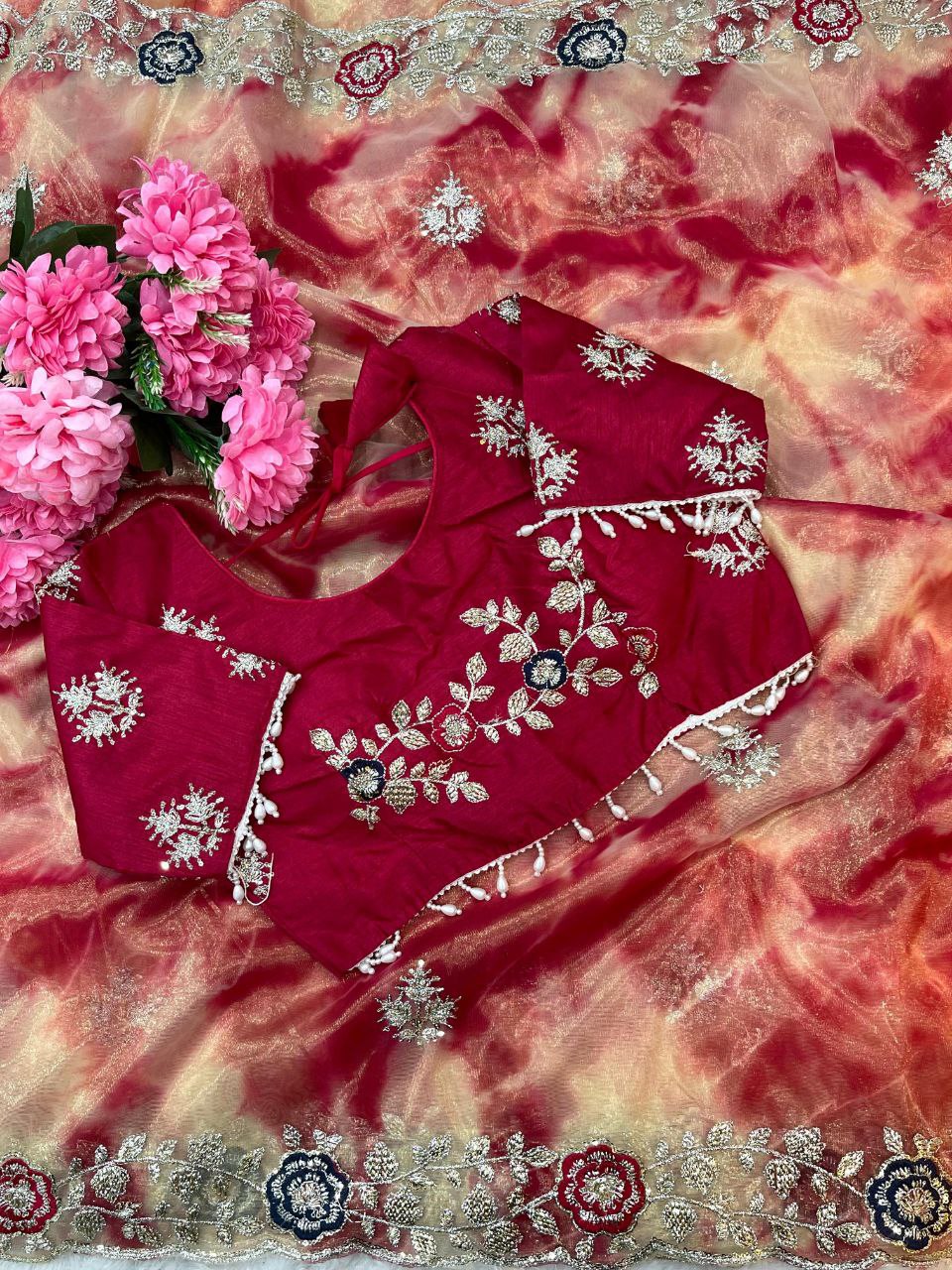 Red Prism Printed Twill Net Saree