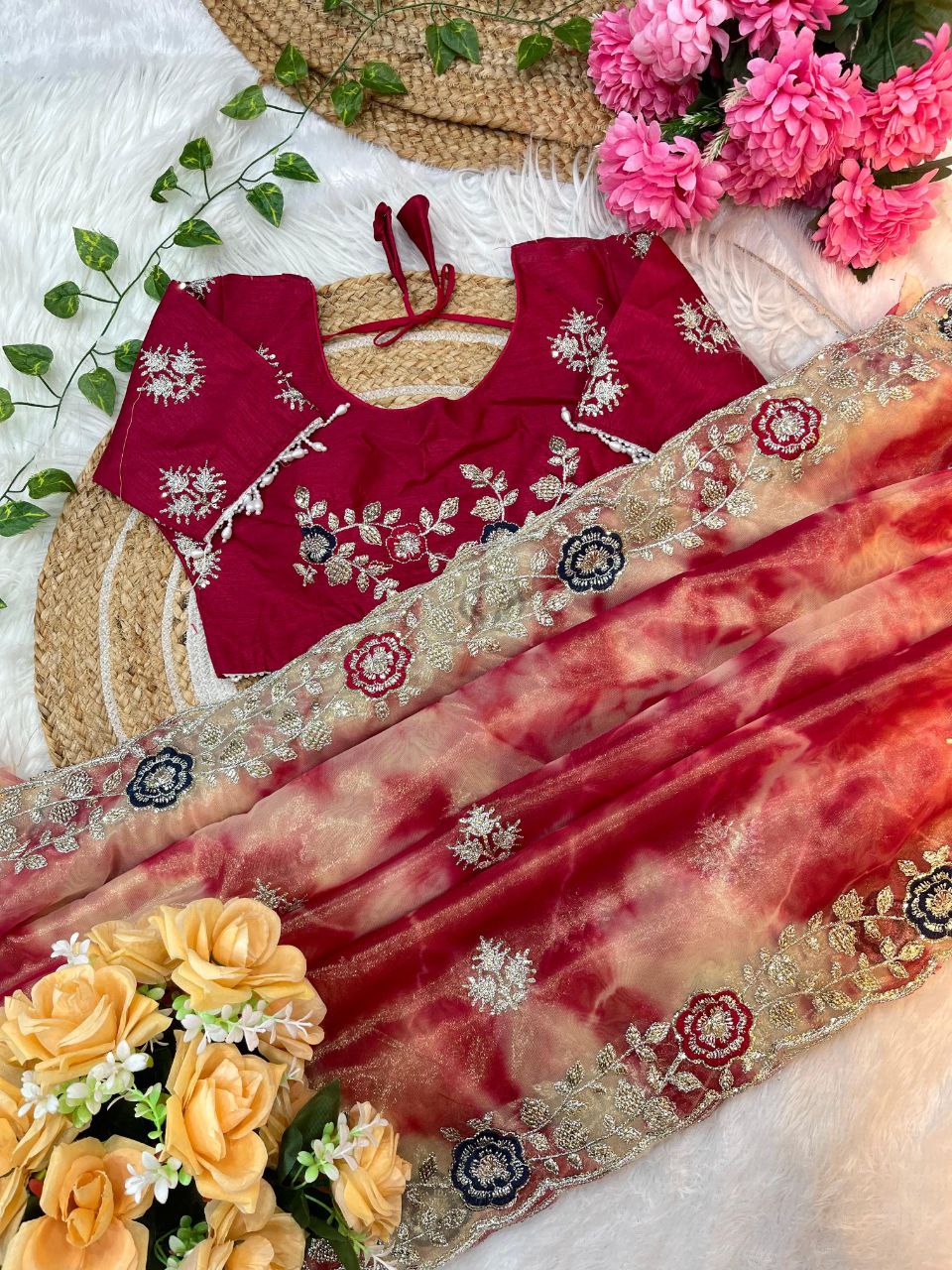 Red Prism Printed Twill Net Saree