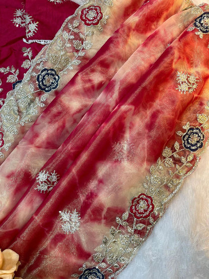 Red Prism Printed Twill Net Saree