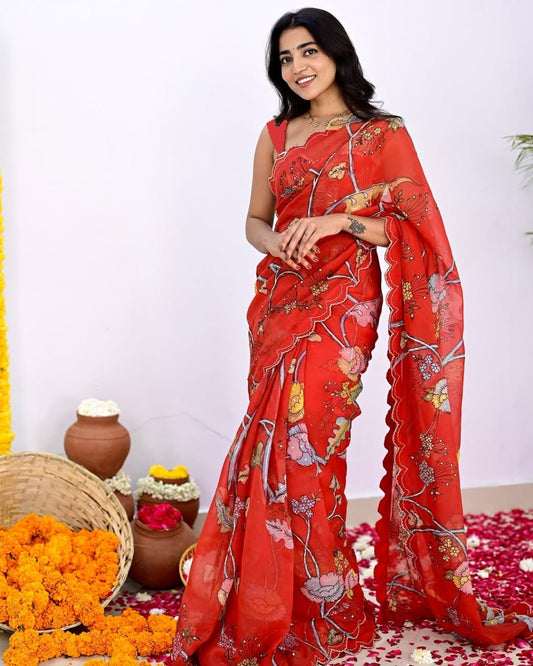 Red Stylish Printed Vichitra Silk Saree