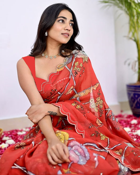 Red Stylish Printed Vichitra Silk Saree