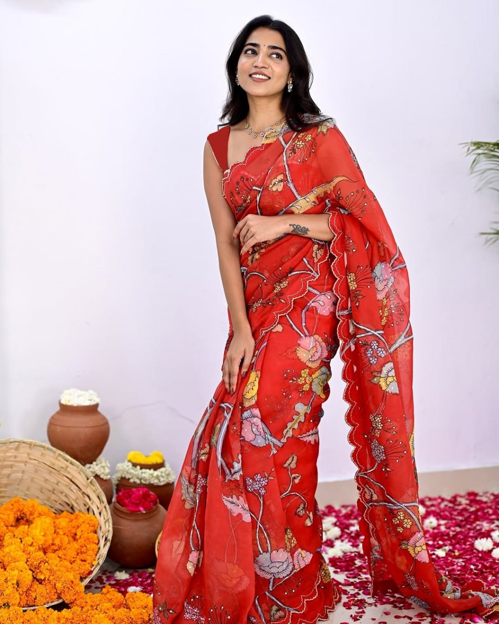 Red Stylish Printed Vichitra Silk Saree
