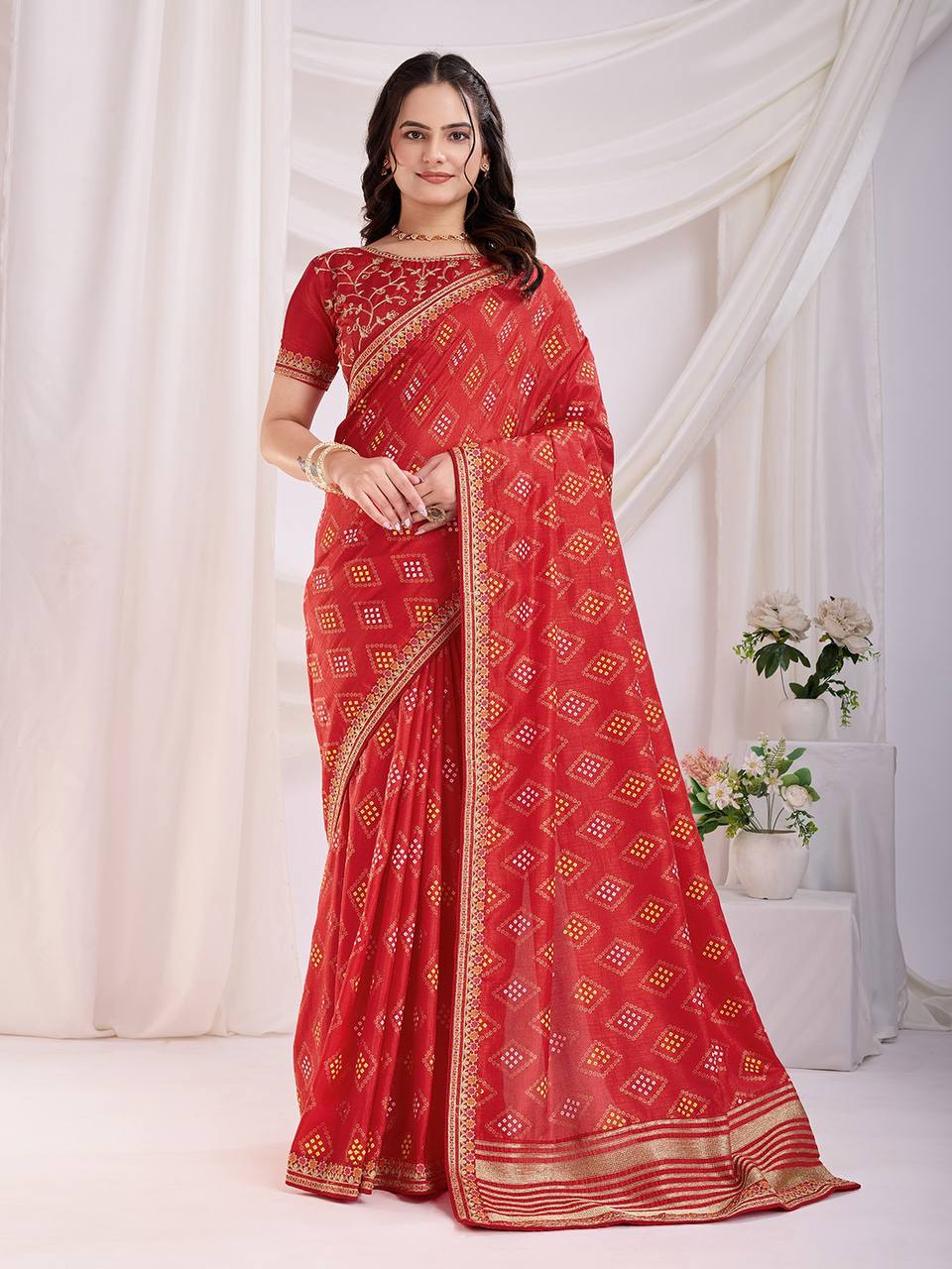 Red Wedding Wear Vichitra Silk Saree
