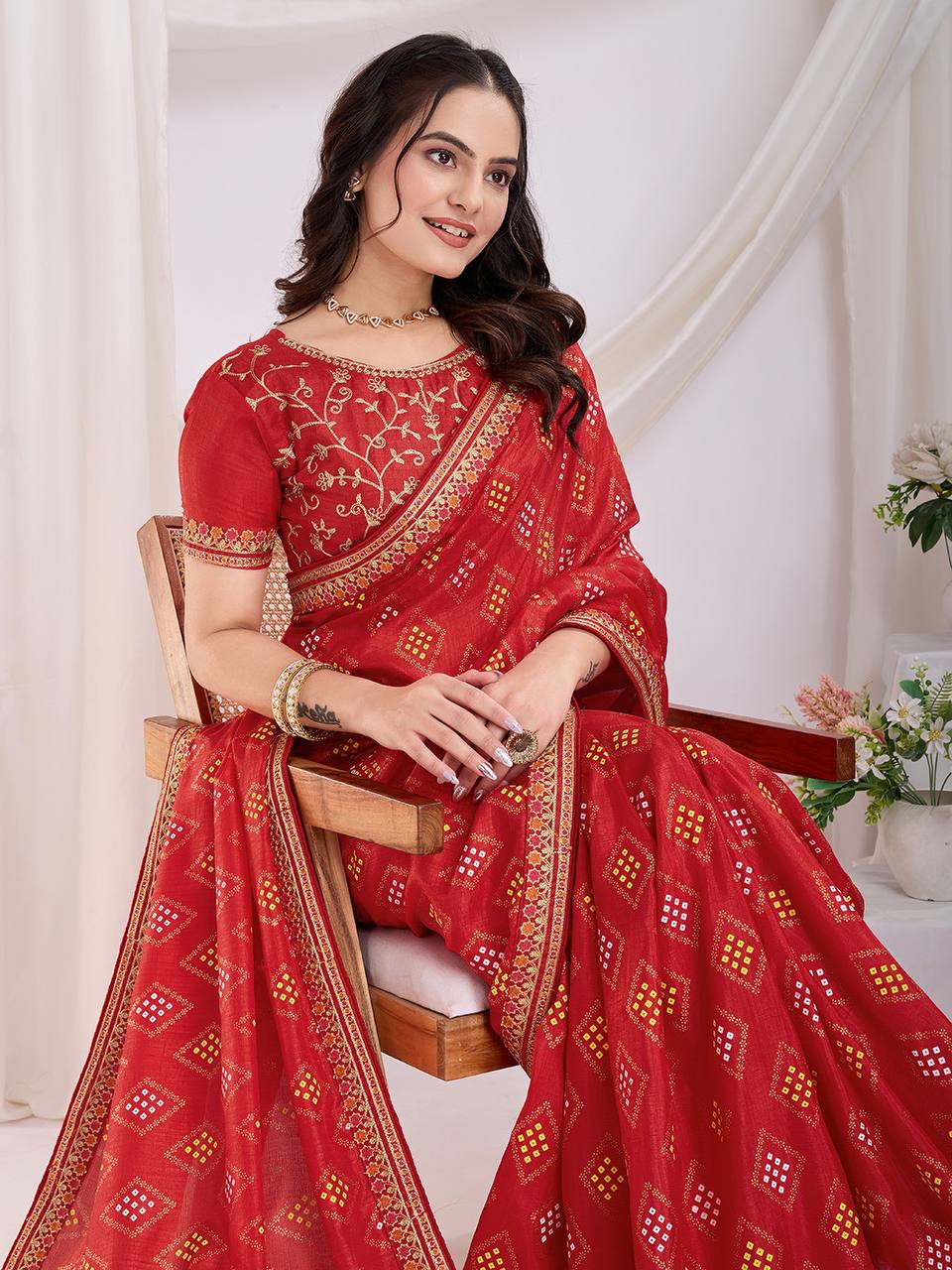 Red Wedding Wear Vichitra Silk Saree