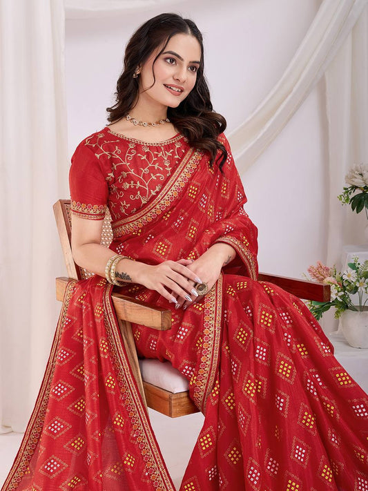 Red Wedding Wear Vichitra Silk Saree