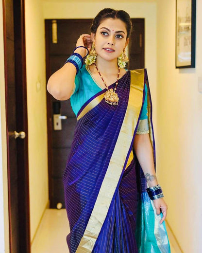 Royal Blue Traditional Lichi Silk Saree