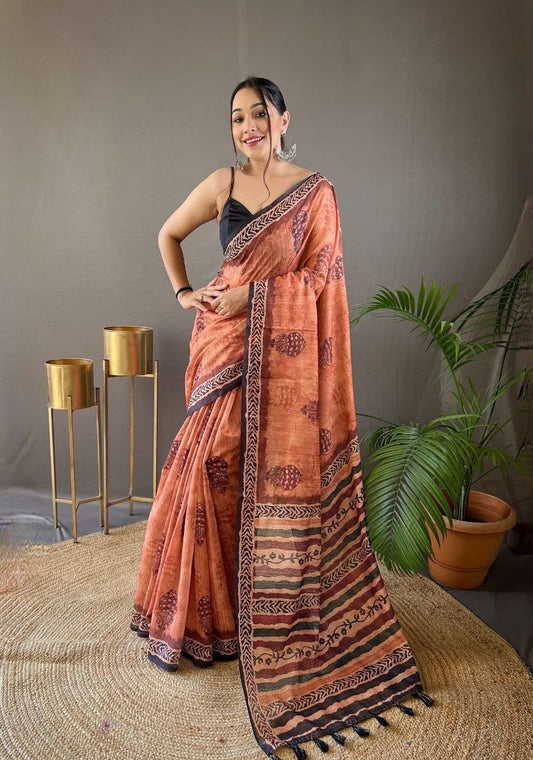 Salmon Cotton Tussar Silk Saree