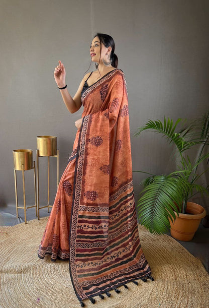 Salmon Cotton Tussar Silk Saree