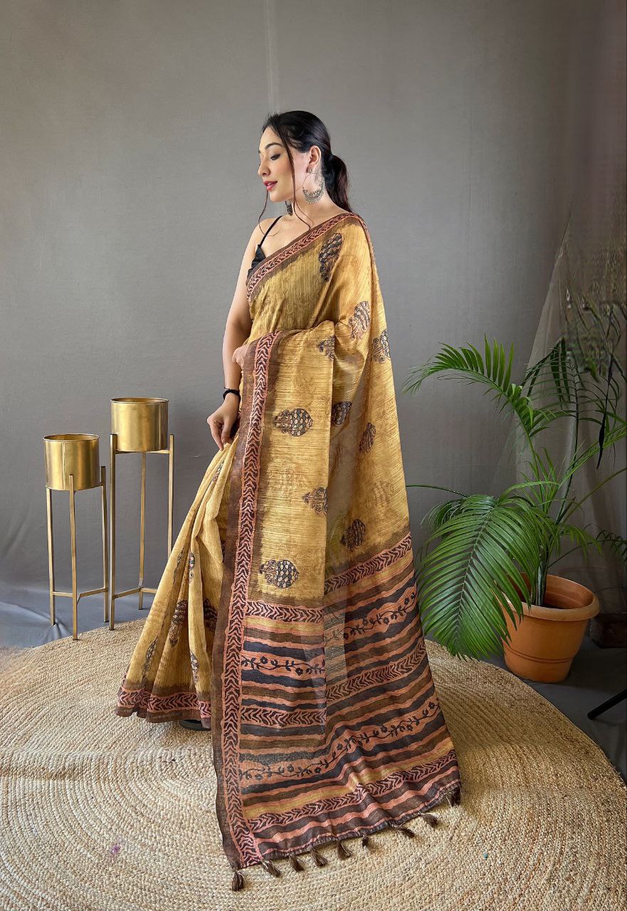 Sandy Brown Cotton Tussar Silk Saree
