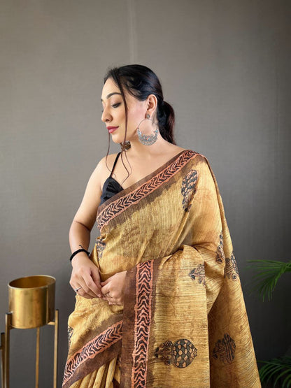 Sandy Brown Cotton Tussar Silk Saree
