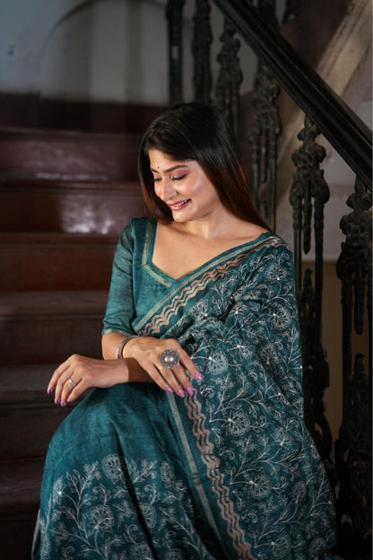 Sea Green Batik Printed Tussar Silk Saree