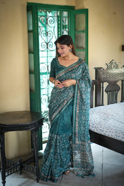 Sea Green Batik Printed Tussar Silk Saree