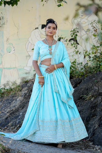 Sky Blue Designer Chinon Lehenga Choli For Wedding