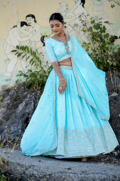 Sky Blue Designer Chinon Lehenga Choli For Wedding