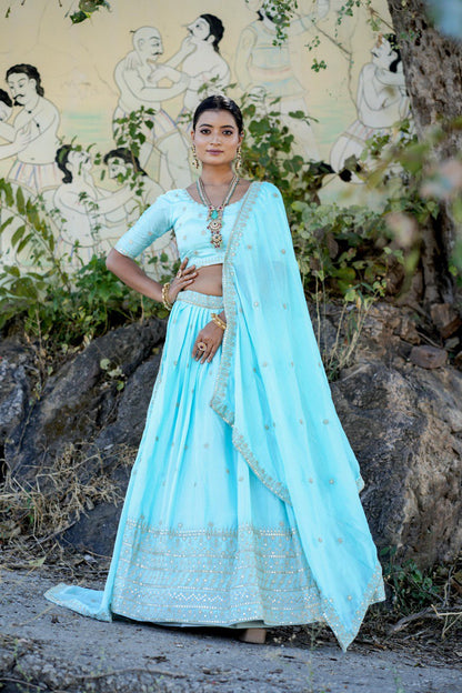 Sky Blue Designer Chinon Lehenga Choli For Wedding