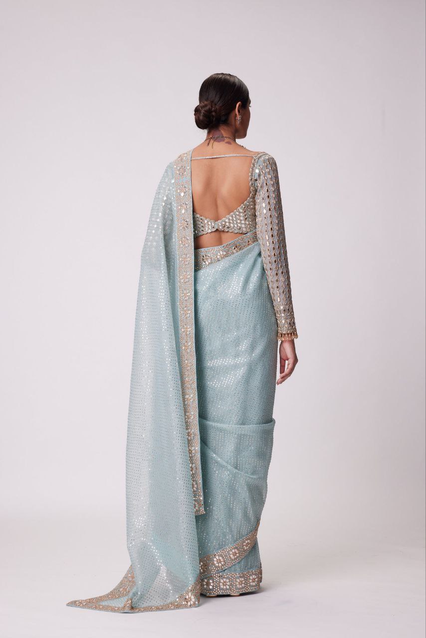 Sky Blue Designer Party Wear Georgette Saree | Replica Design