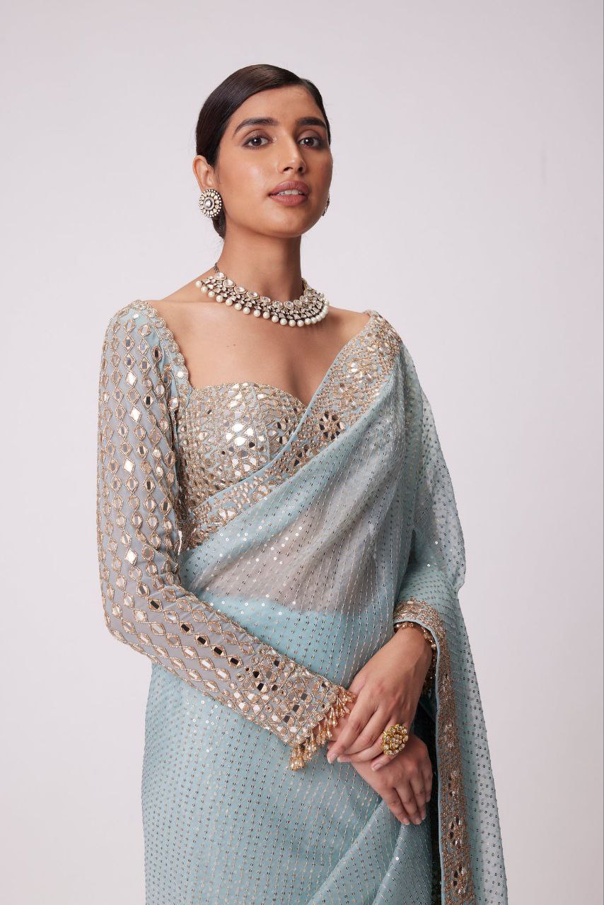 Sky Blue Designer Party Wear Georgette Saree | Replica Design