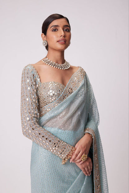 Sky Blue Designer Party Wear Georgette Saree | Replica Design