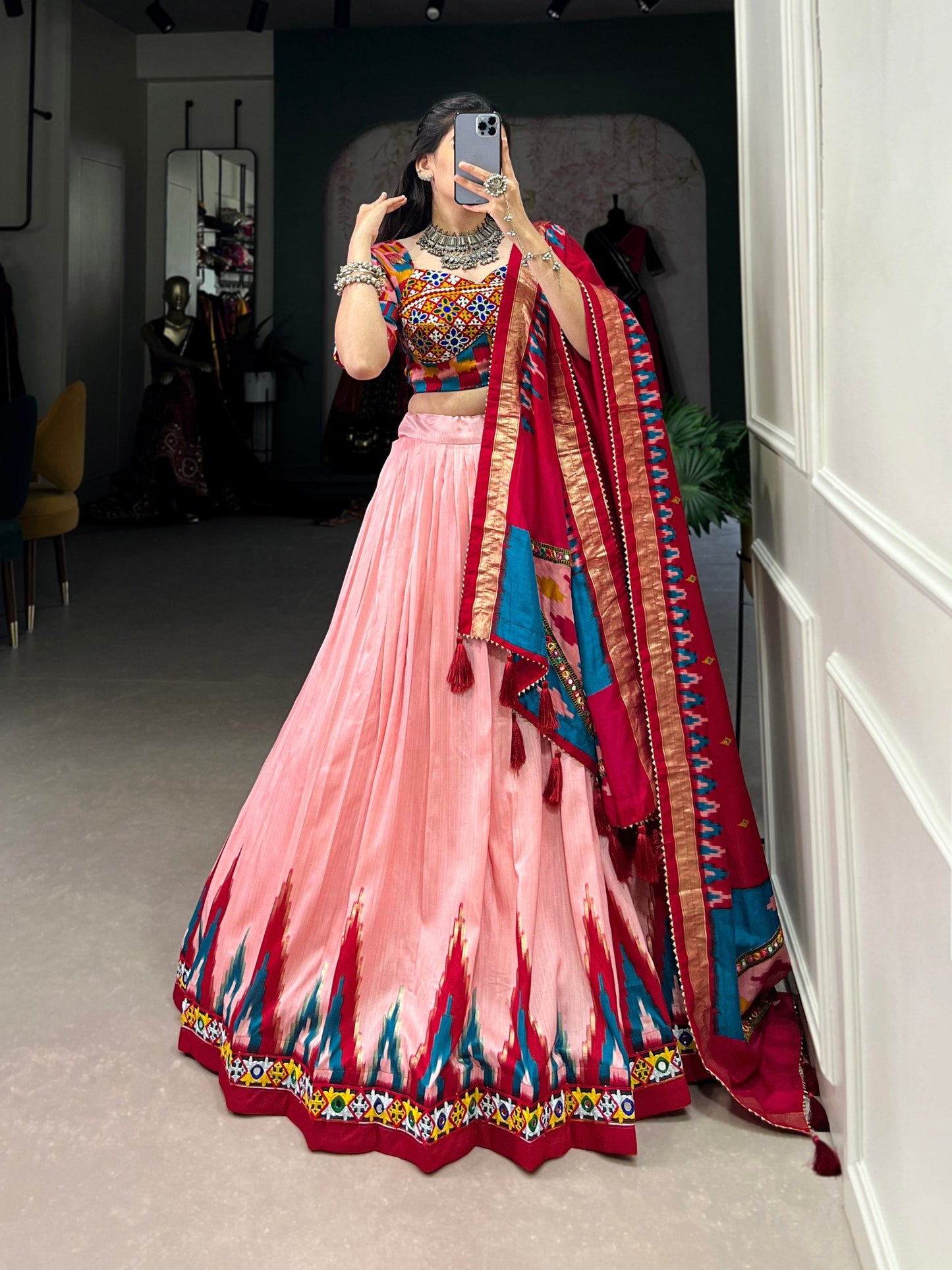 Peach Designer Tussar Silk Lehenga Choli