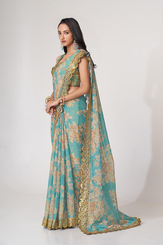 Sky Blue Floral Printed Organza Saree With Blouse | 100% Original Saree